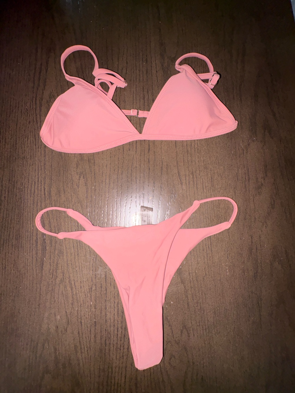 Ladies Coral Pink Triangle Bikini Set - Minimal Two-Piece Swimwear